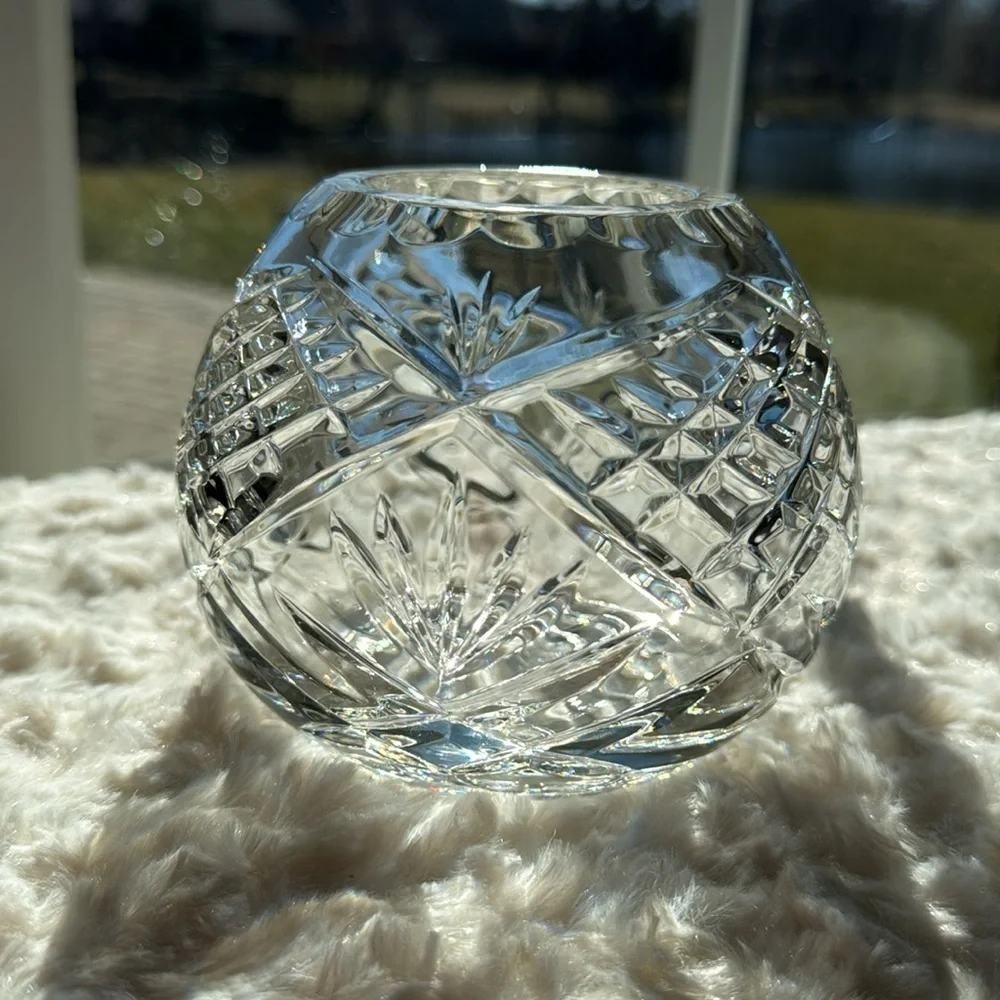 VINTAGE~CRYSTAL~ROSE BOWL VASE~DIAMOND & FAN PATTERN~POTPOURRI JAR~KCC